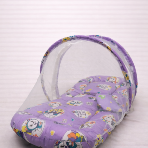 Purple Baby Mosquito Net Bed with Soft Cushion & Zip Closure – Cute Printed Design